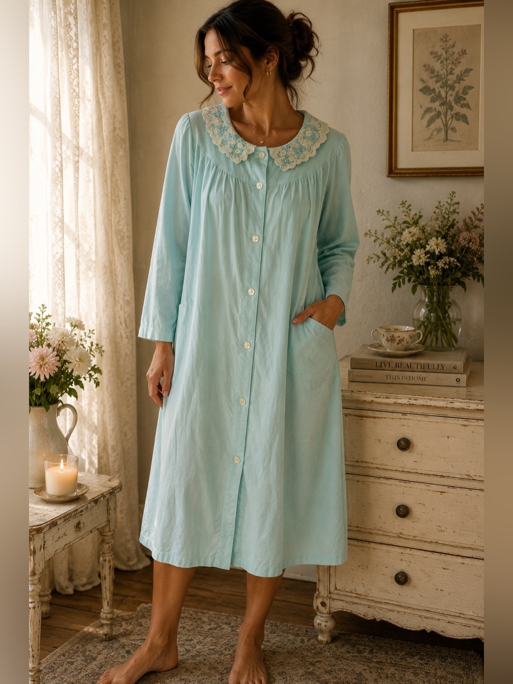 Vintage Katz Embroidered Lace Collar Nightgown Robe - Medium